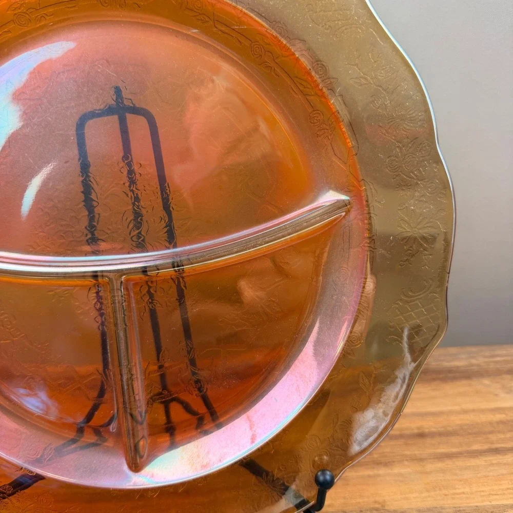 Vintage Federal Glass Normandie Marigold Carnival Grill Plate Iridescent 11in